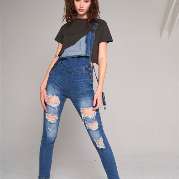 Skinny Denim Overalls Distressed Ripped Jeans - Picture 1 of 15